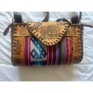Ecuadorian Leather Woven Fabric Small Shoulder Bag Embossed Ecuador Patterns